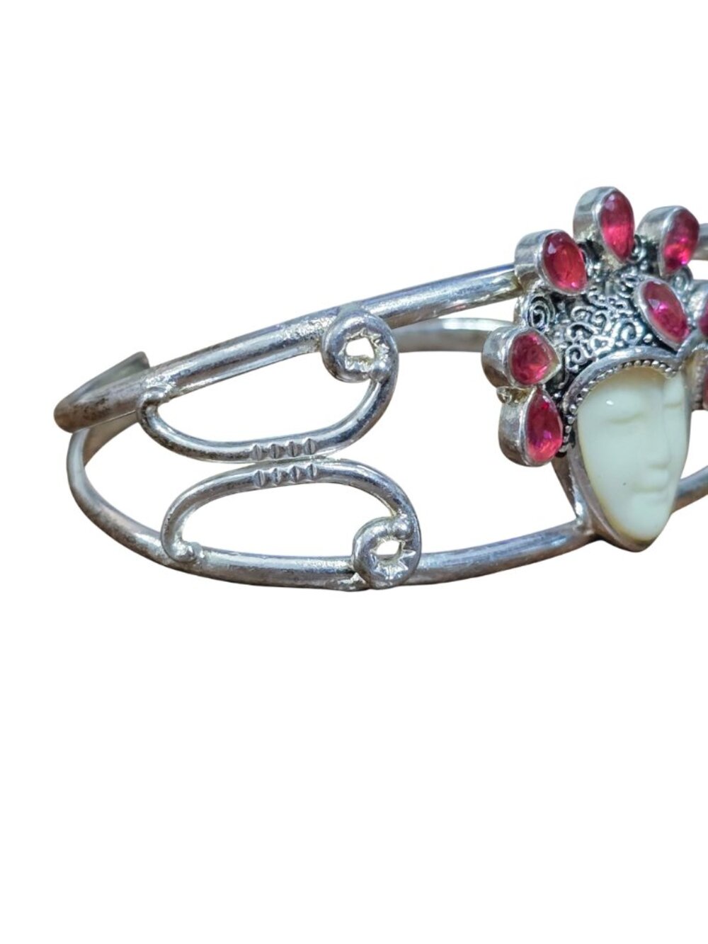 925 Sterling Silver Cuff Bracelet Red Stone Goddess Face Mask Open Bangle - Picture 2 of 9